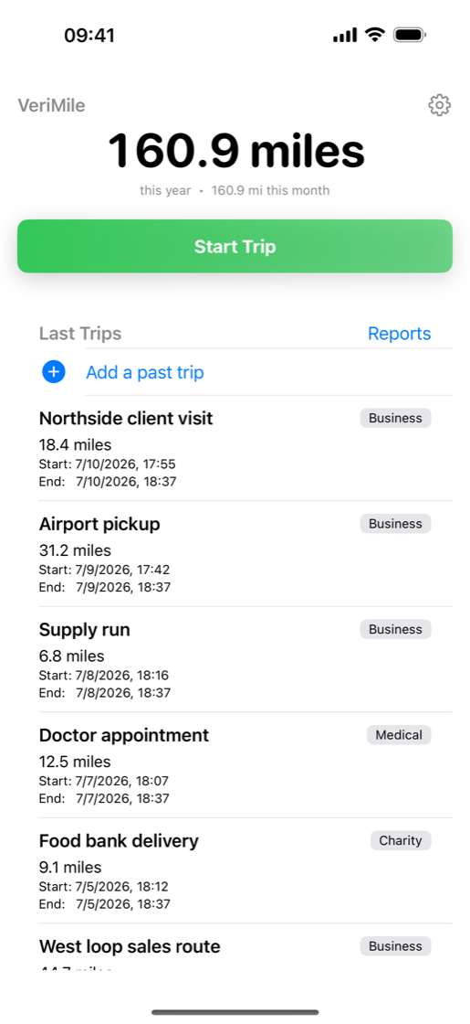 VeriMile home screen on iPhone showing 160.9 miles this year, a green Start Trip button, and a list of recent purpose-tagged trips.